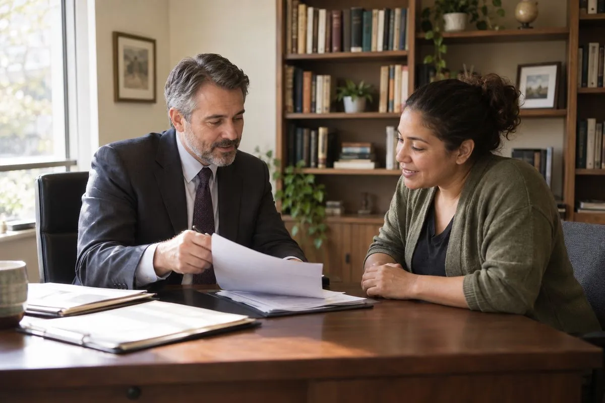 A bankruptcy attorney reviewing documents with a client