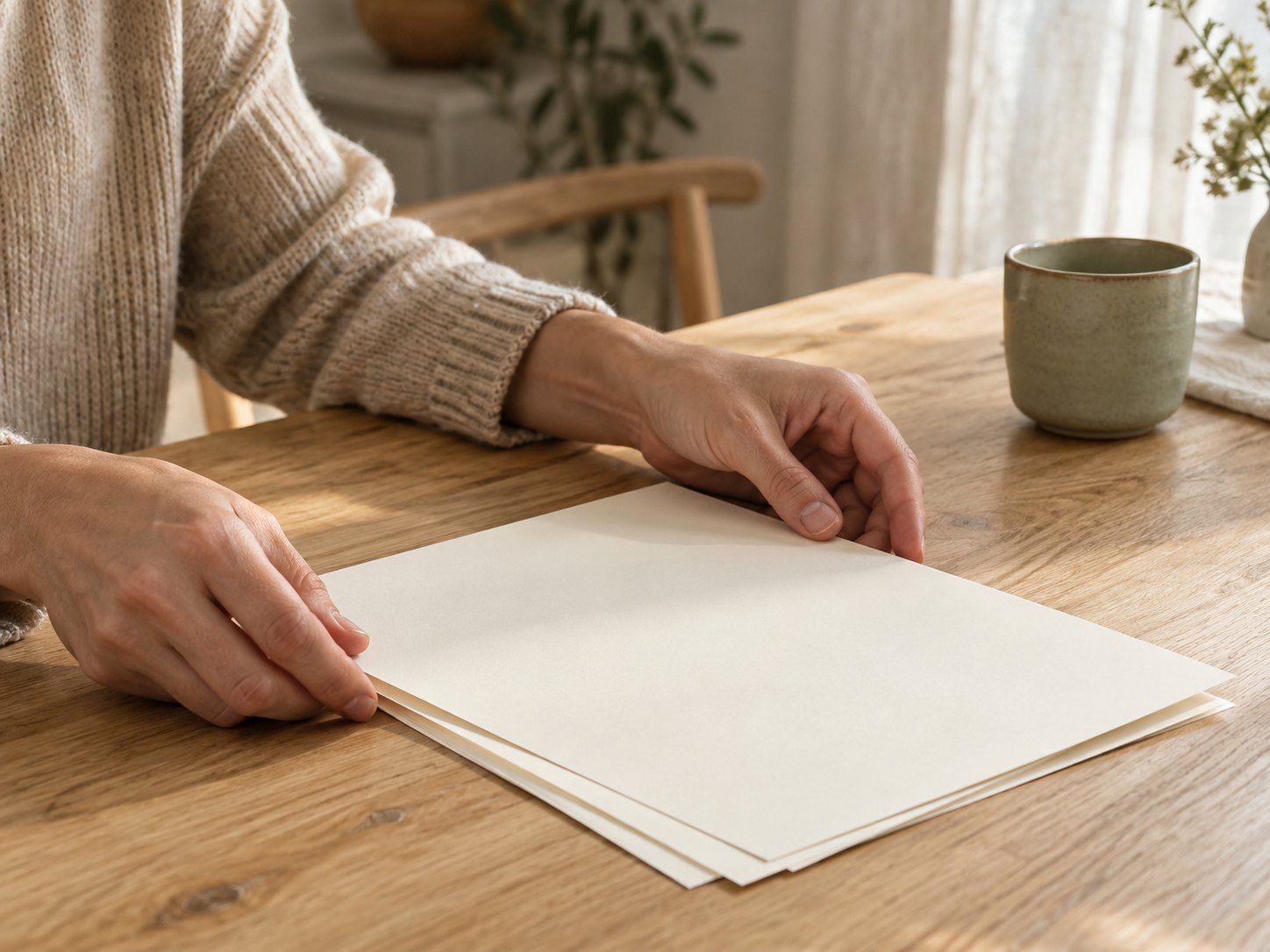 Hands setting down blank papers beside a ceramic cup on a sunlit table.