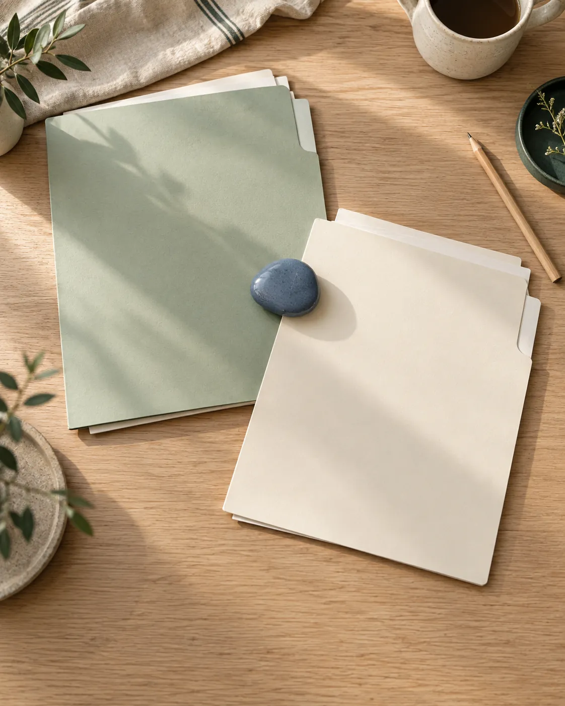 Sage and ivory folders resting together on a warm, sunlit desk.