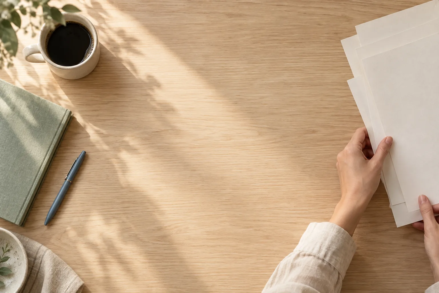 Hands arranging blank papers on a sunlit desk beside a sage notebook and a cup of coffee.