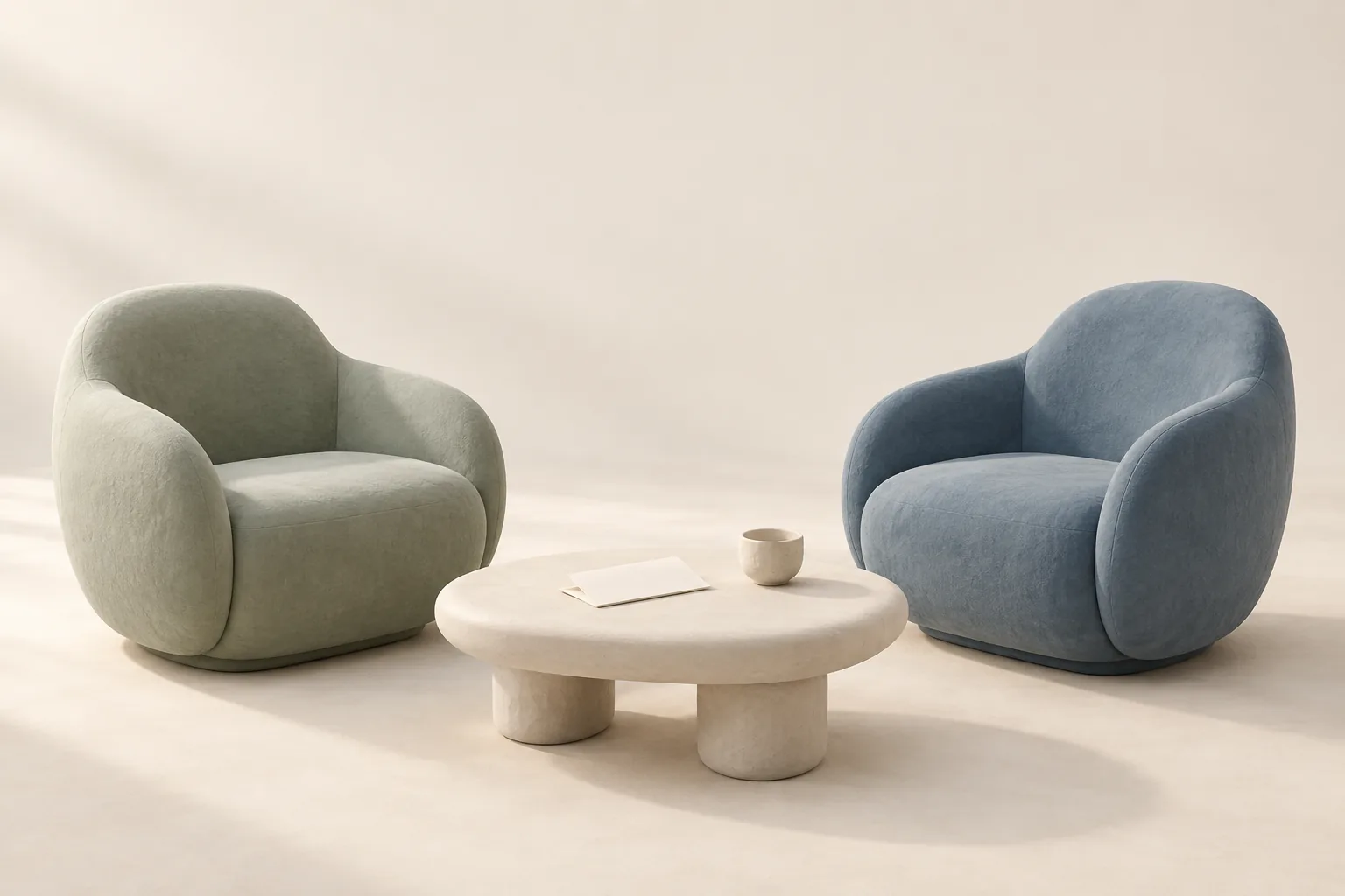 Two soft clay chairs in sage and blue, facing a shared table with blank papers.