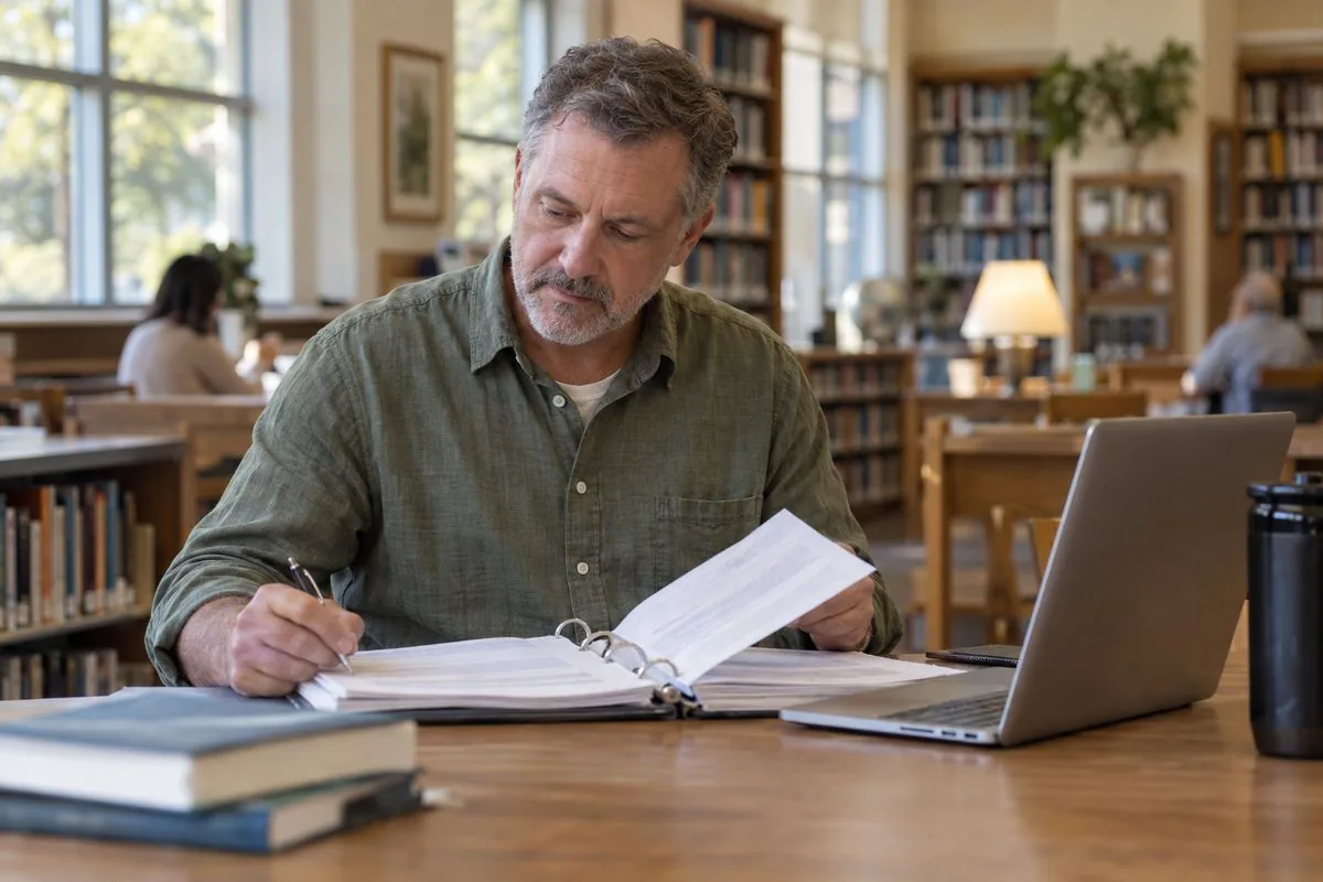A man preparing bankruptcy paperwork on his own at a library table